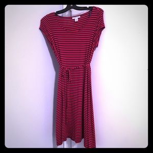 Red and navy striped maternity dress